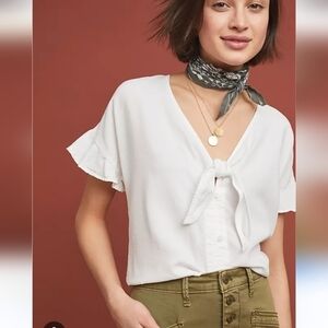 ANTHROPOLOGIE Cloth & Stone White Short Sleeve Button Front Tie Blouse XS